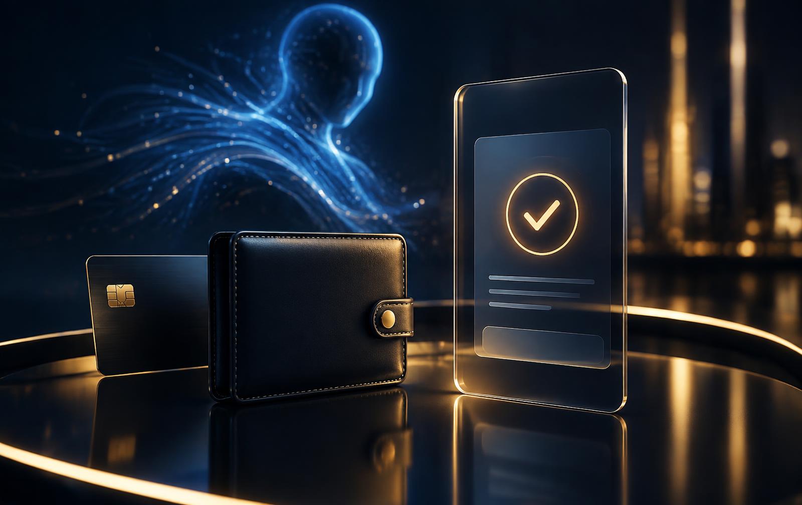 Dark wallet and bank card beside a glass payment-approval screen lit by blue AI light and gold accents