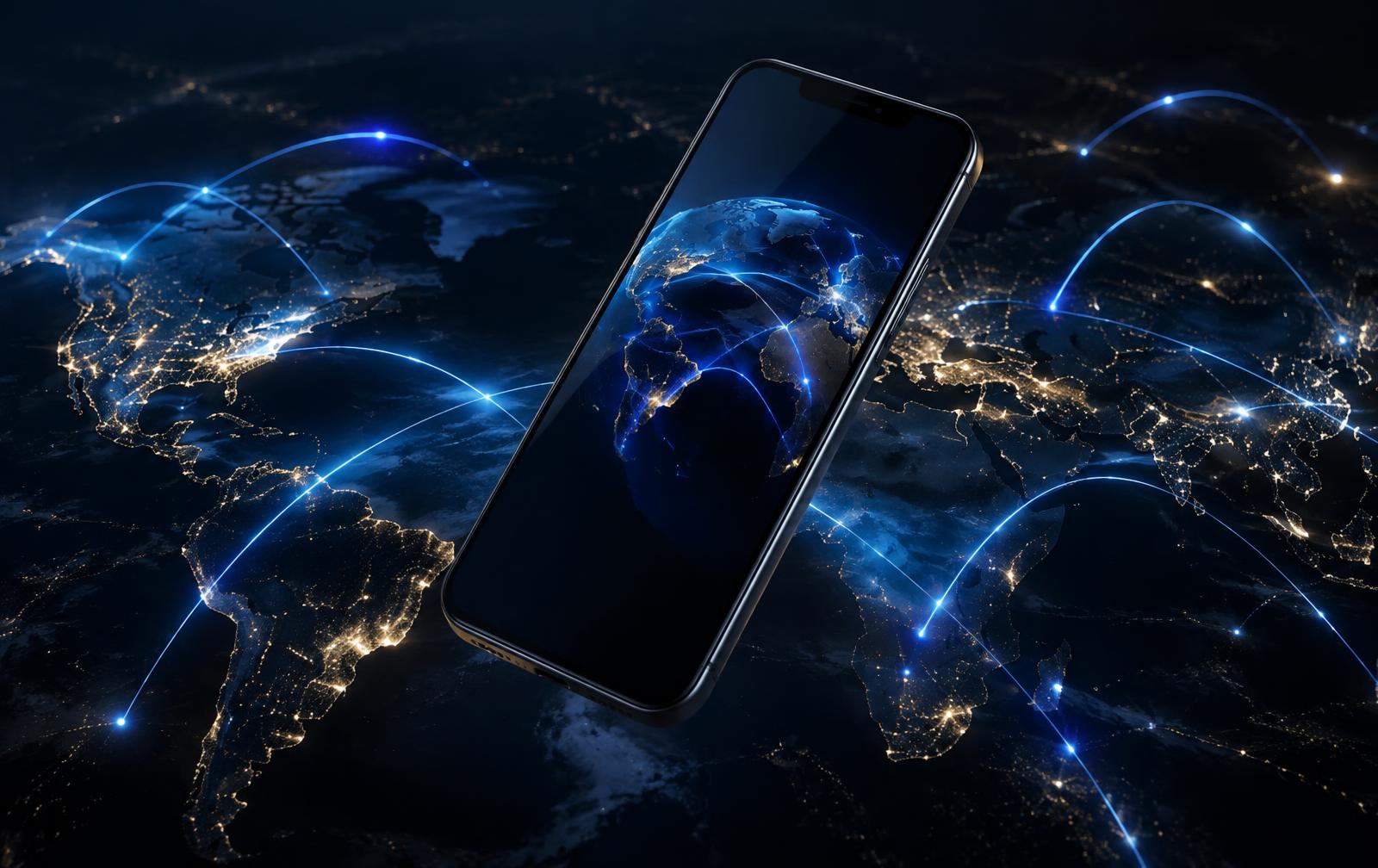 Smartphone over a dark globe crossed by glowing blue payment routes with gold city lights