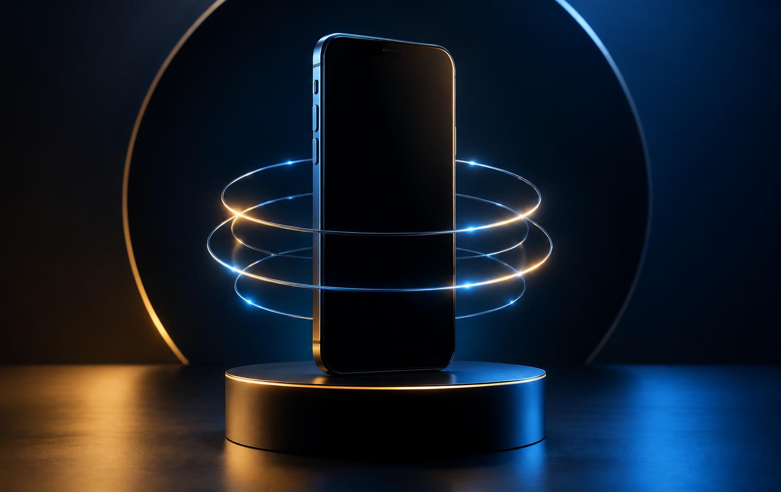 Modern smartphone on a dark pedestal encircled by glowing blue and gold rings